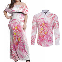 Rose Pink Polynesian Jellyfish Couples Matching Off Shoulder Maxi Dress and Long Sleeve Button Shirt Watercolor Glows LT7 Rose Pink - Polynesian Pride