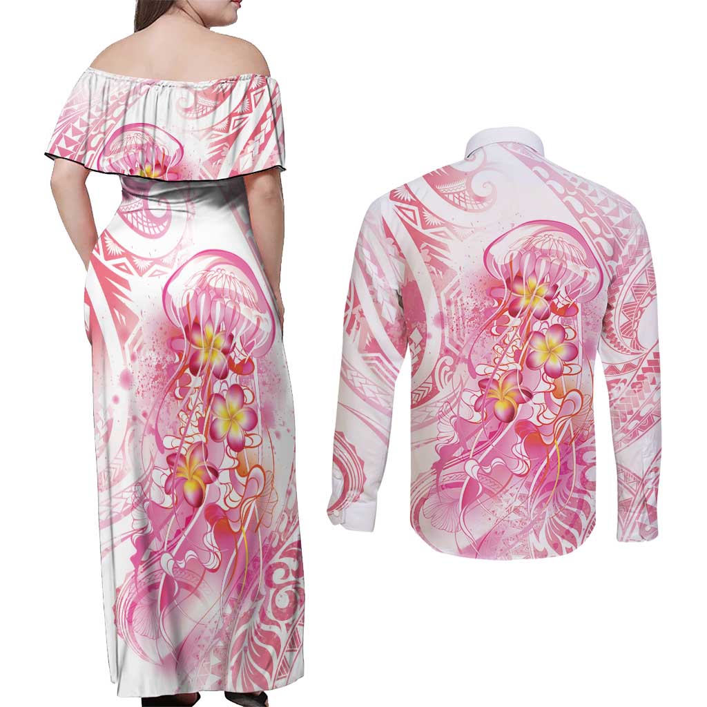 Rose Pink Polynesian Jellyfish Couples Matching Off Shoulder Maxi Dress and Long Sleeve Button Shirt Watercolor Glows LT7 - Polynesian Pride