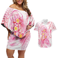 Rose Pink Polynesian Jellyfish Couples Matching Off Shoulder Short Dress and Hawaiian Shirt Watercolor Glows - Polynesian Pride