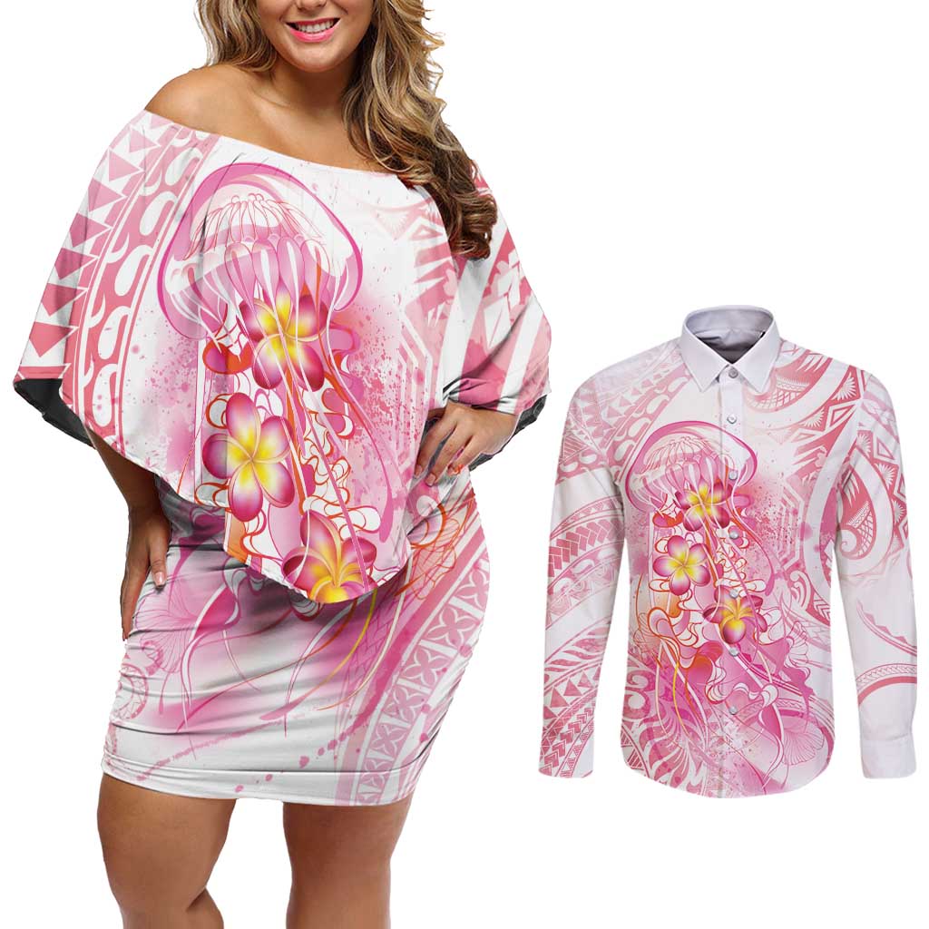 Rose Pink Polynesian Jellyfish Couples Matching Off Shoulder Short Dress and Long Sleeve Button Shirt Watercolor Glows LT7 Rose Pink - Polynesian Pride
