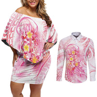 Rose Pink Polynesian Jellyfish Couples Matching Off Shoulder Short Dress and Long Sleeve Button Shirt Watercolor Glows LT7 Rose Pink - Polynesian Pride