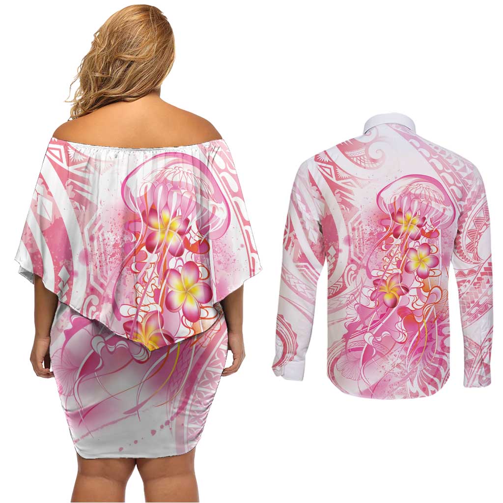 Rose Pink Polynesian Jellyfish Couples Matching Off Shoulder Short Dress and Long Sleeve Button Shirt Watercolor Glows LT7 - Polynesian Pride