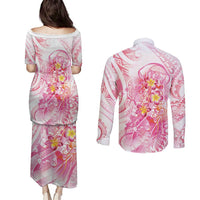 Rose Pink Polynesian Jellyfish Couples Matching Puletasi and Long Sleeve Button Shirt Watercolor Glows - Polynesian Pride