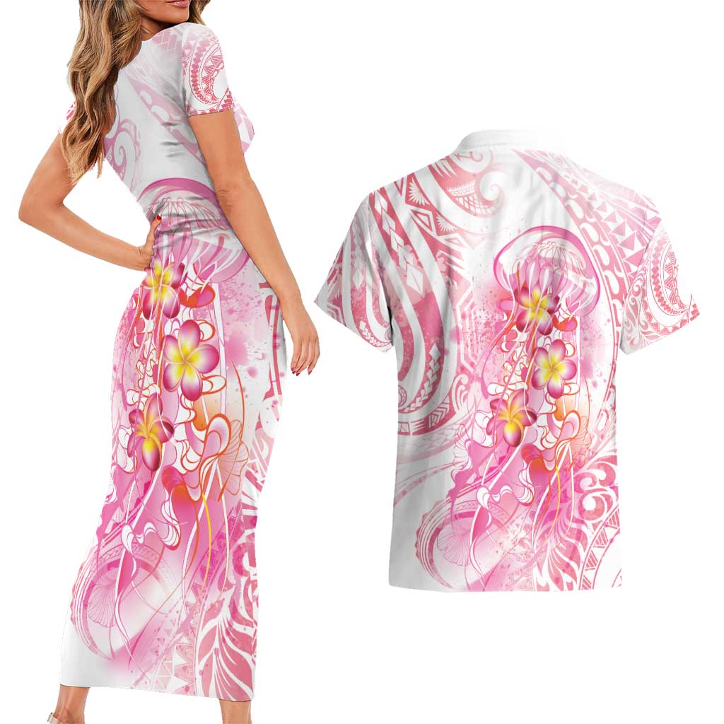 Rose Pink Polynesian Jellyfish Couples Matching Short Sleeve Bodycon Dress and Hawaiian Shirt Watercolor Glows - Polynesian Pride
