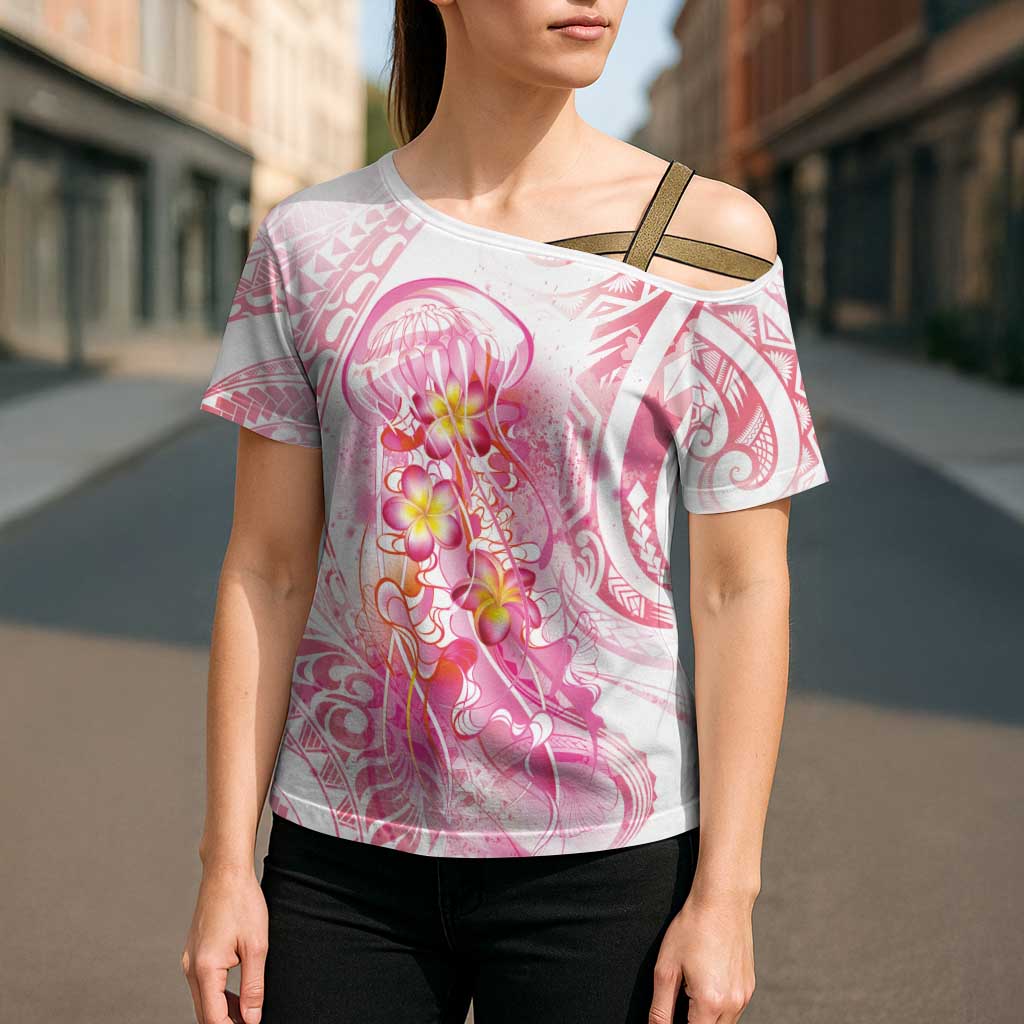 Rose Pink Polynesian Jellyfish Cross Shoulder Shirt Watercolor Glows LT7 - Polynesian Pride