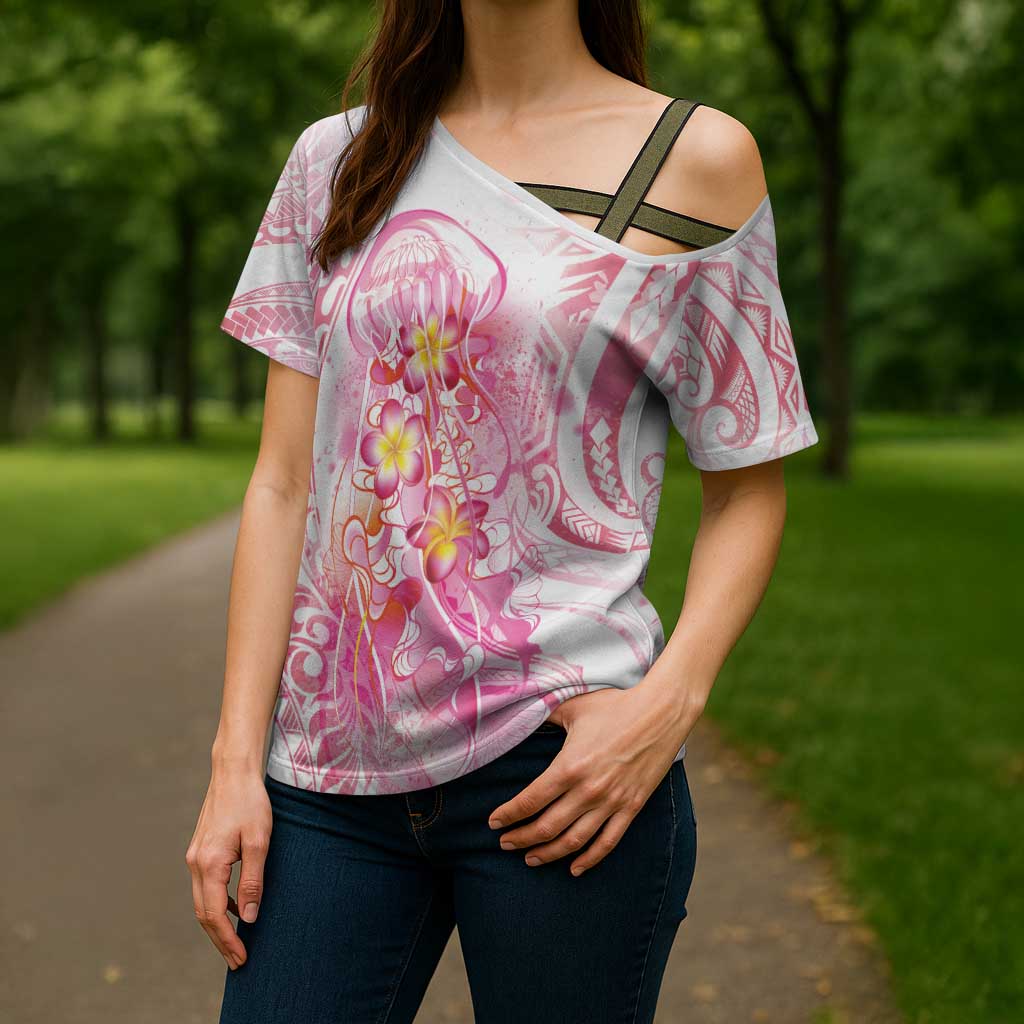 Rose Pink Polynesian Jellyfish Cross Shoulder Shirt Watercolor Glows LT7 - Polynesian Pride
