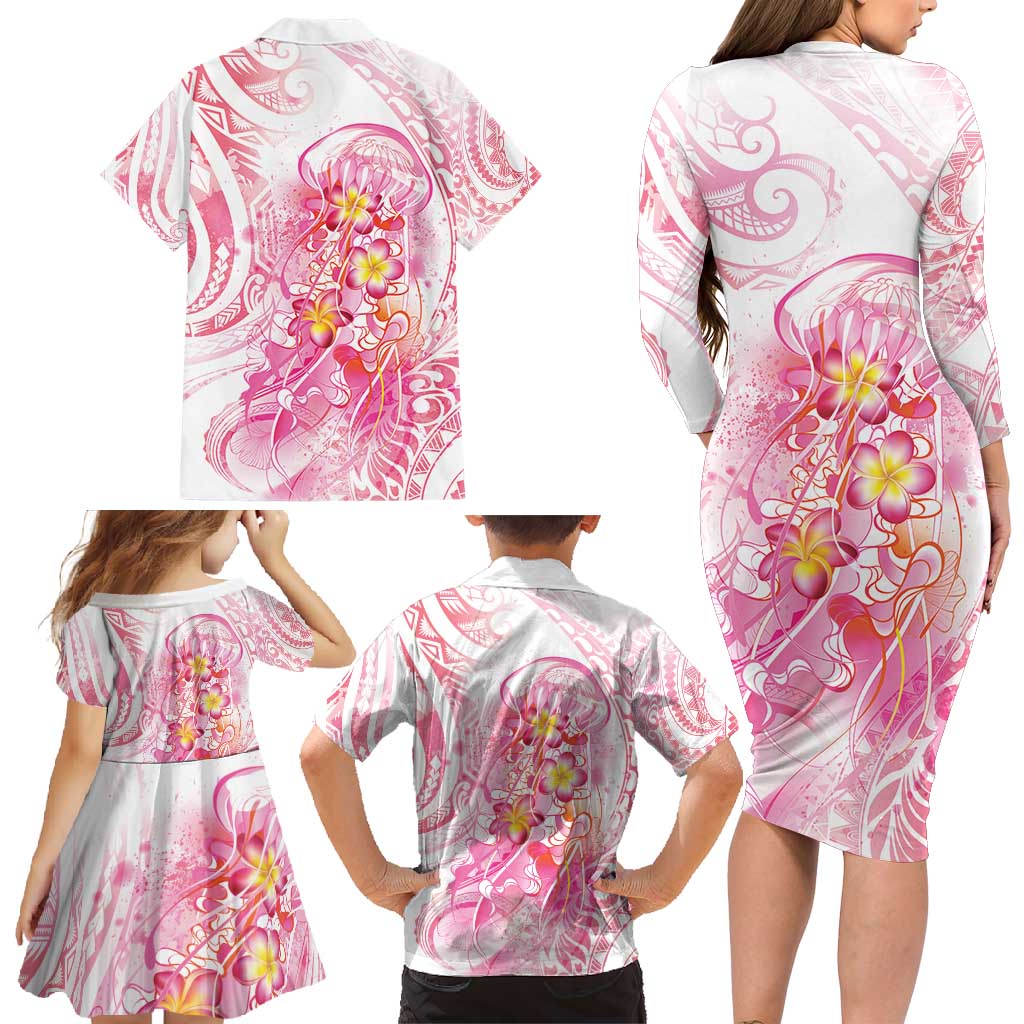 Rose Pink Polynesian Jellyfish Family Matching Long Sleeve Bodycon Dress and Hawaiian Shirt Watercolor Glows - Polynesian Pride