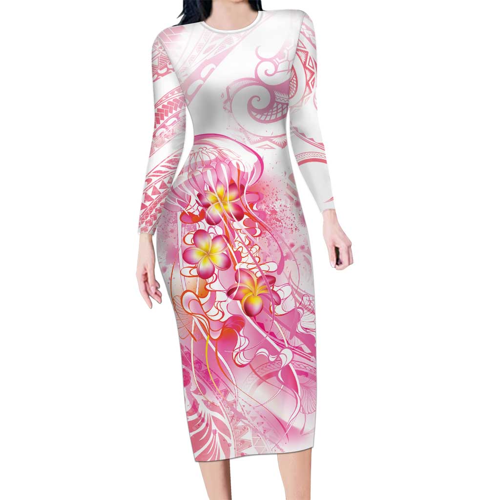 Rose Pink Polynesian Jellyfish Family Matching Long Sleeve Bodycon Dress and Hawaiian Shirt Watercolor Glows - Polynesian Pride