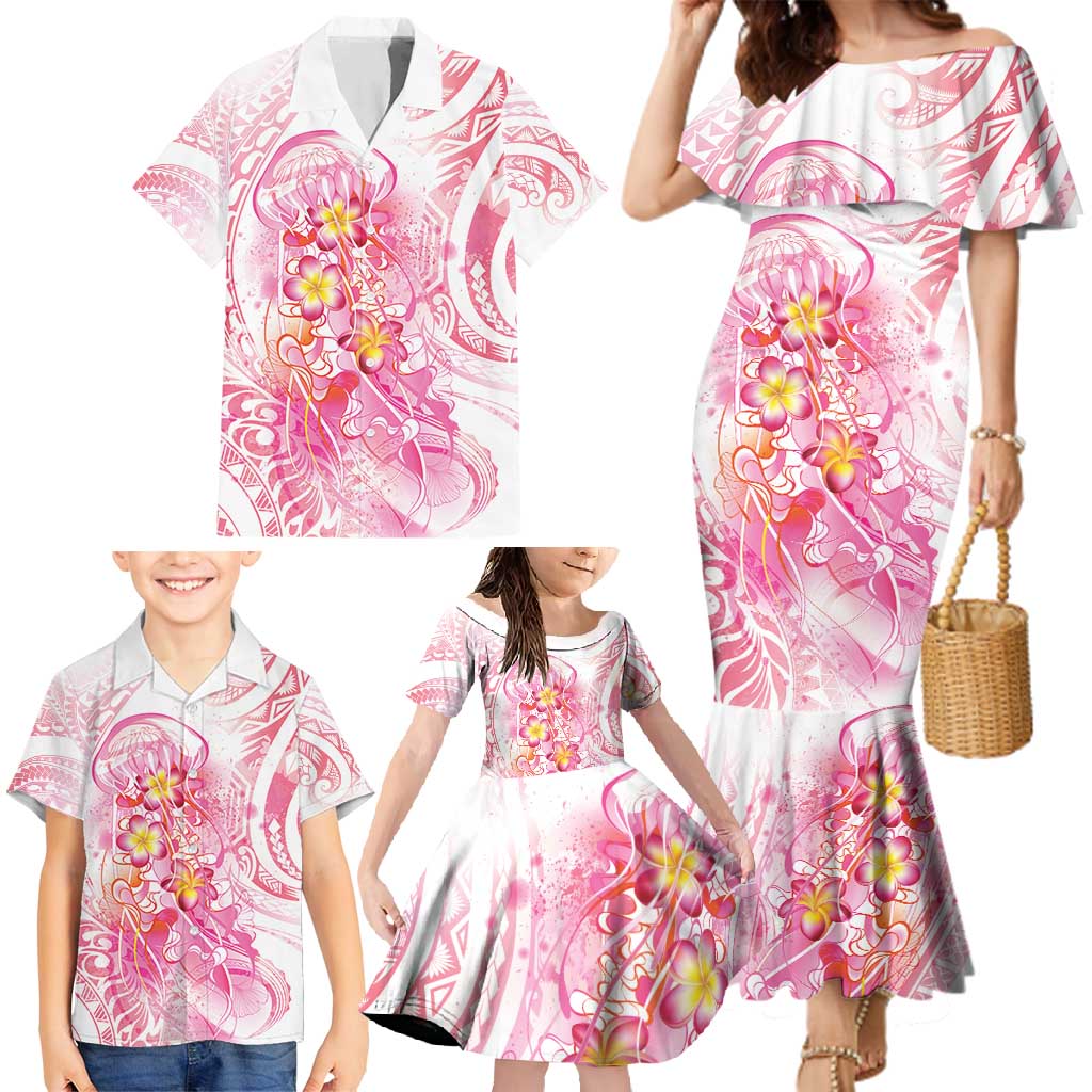 Rose Pink Polynesian Jellyfish Family Matching Mermaid Dress and Hawaiian Shirt Watercolor Glows - Polynesian Pride