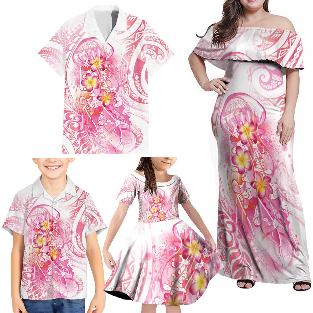 Rose Pink Polynesian Jellyfish Family Matching Off Shoulder Maxi Dress and Hawaiian Shirt Watercolor Glows - Polynesian Pride