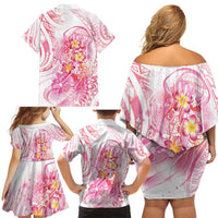 Rose Pink Polynesian Jellyfish Family Matching Off Shoulder Short Dress and Hawaiian Shirt Watercolor Glows - Polynesian Pride
