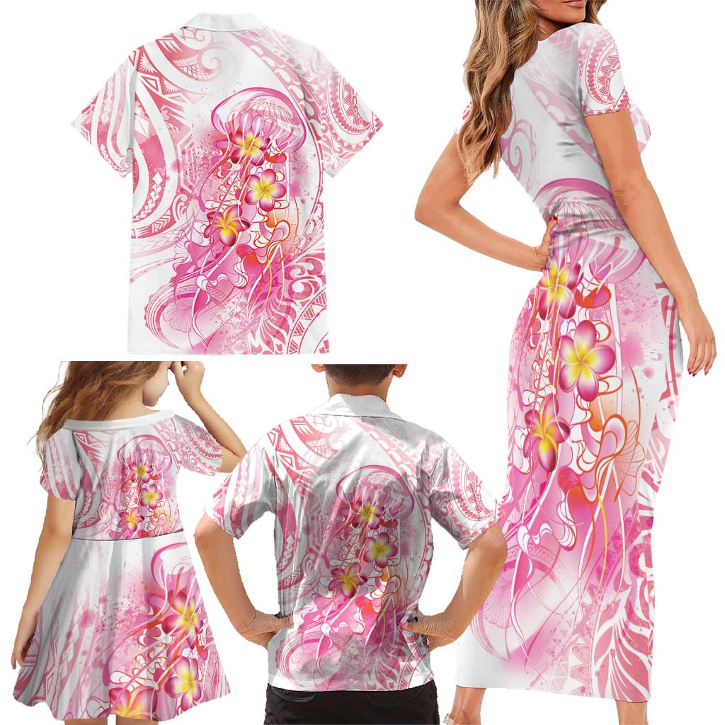 Rose Pink Polynesian Jellyfish Family Matching Short Sleeve Bodycon Dress and Hawaiian Shirt Watercolor Glows - Polynesian Pride