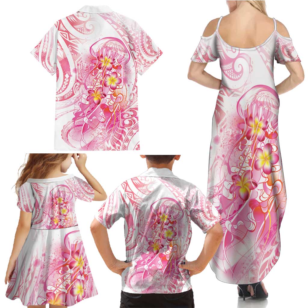 Rose Pink Polynesian Jellyfish Family Matching Summer Maxi Dress and Hawaiian Shirt Watercolor Glows - Polynesian Pride
