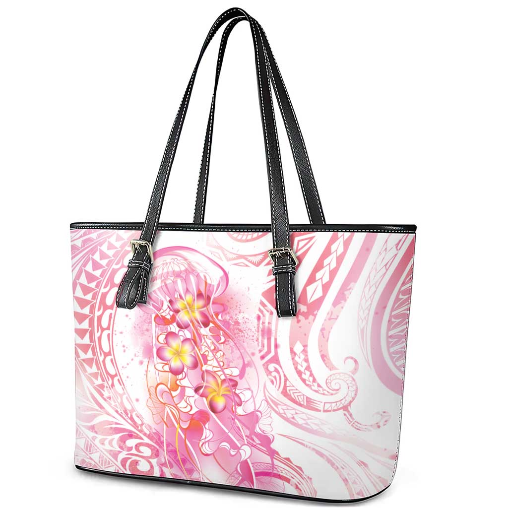 Rose Pink Polynesian Jellyfish Leather Tote Bag Watercolor Glows - Polynesian Pride