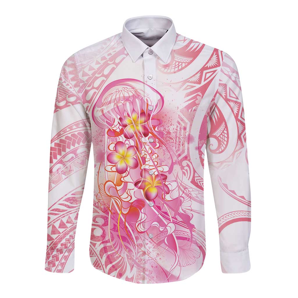 Rose Pink Polynesian Jellyfish Long Sleeve Button Shirt Watercolor Glows LT7 Unisex Rose Pink - Polynesian Pride