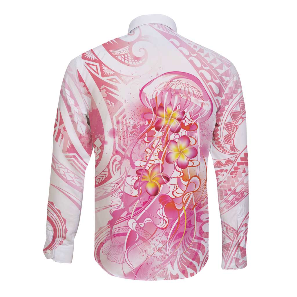 Rose Pink Polynesian Jellyfish Long Sleeve Button Shirt Watercolor Glows LT7 - Polynesian Pride