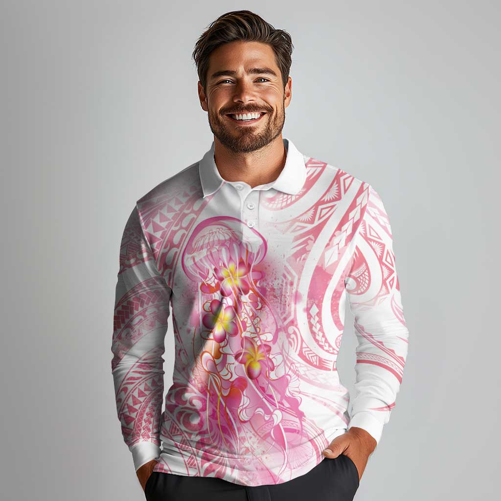 Rose Pink Polynesian Jellyfish Long Sleeve Polo Shirt Watercolor Glows LT7 - Polynesian Pride