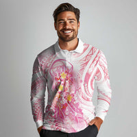 Rose Pink Polynesian Jellyfish Long Sleeve Polo Shirt Watercolor Glows LT7 - Polynesian Pride