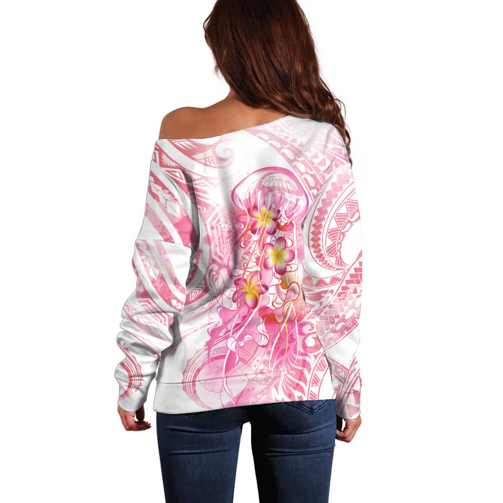 Rose Pink Polynesian Jellyfish Off Shoulder Sweater Watercolor Glows - Polynesian Pride