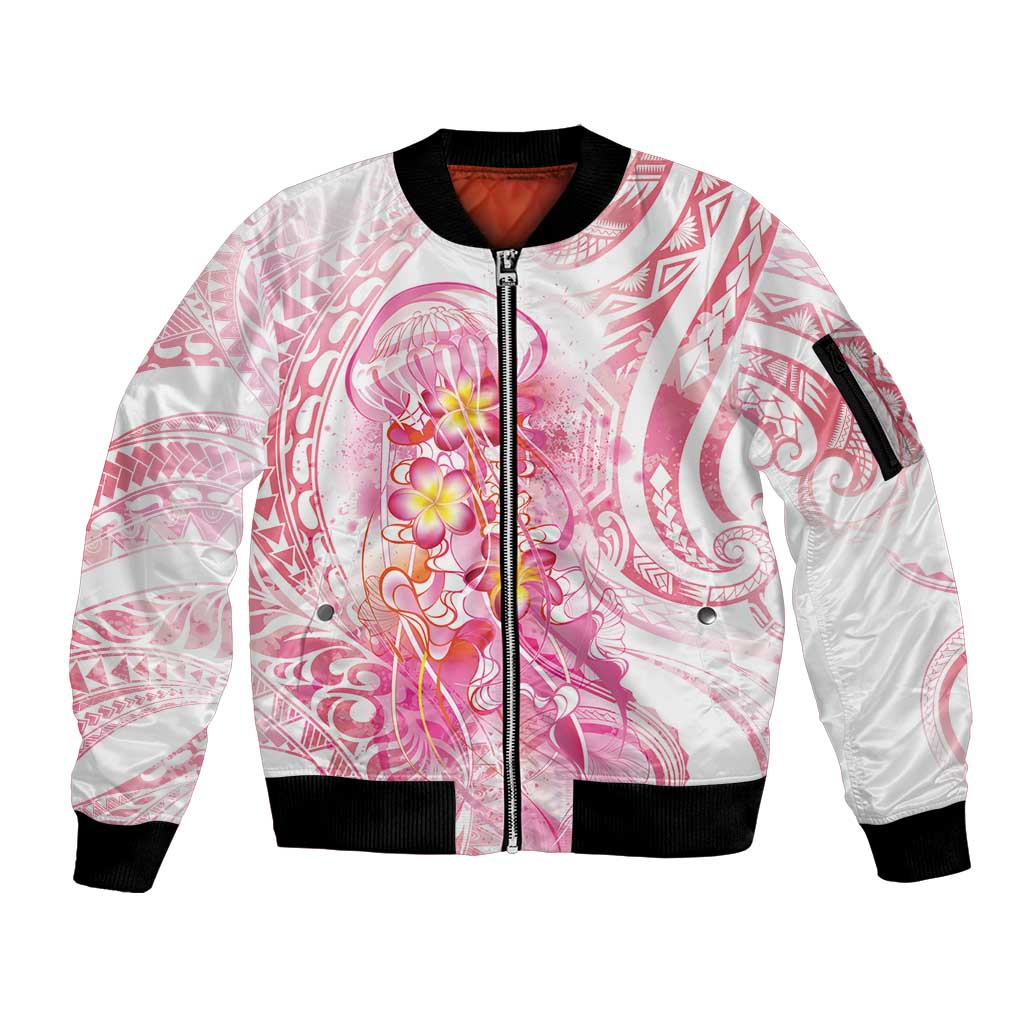 Rose Pink Polynesian Jellyfish Sleeve Zip Bomber Jacket Watercolor Glows - Polynesian Pride