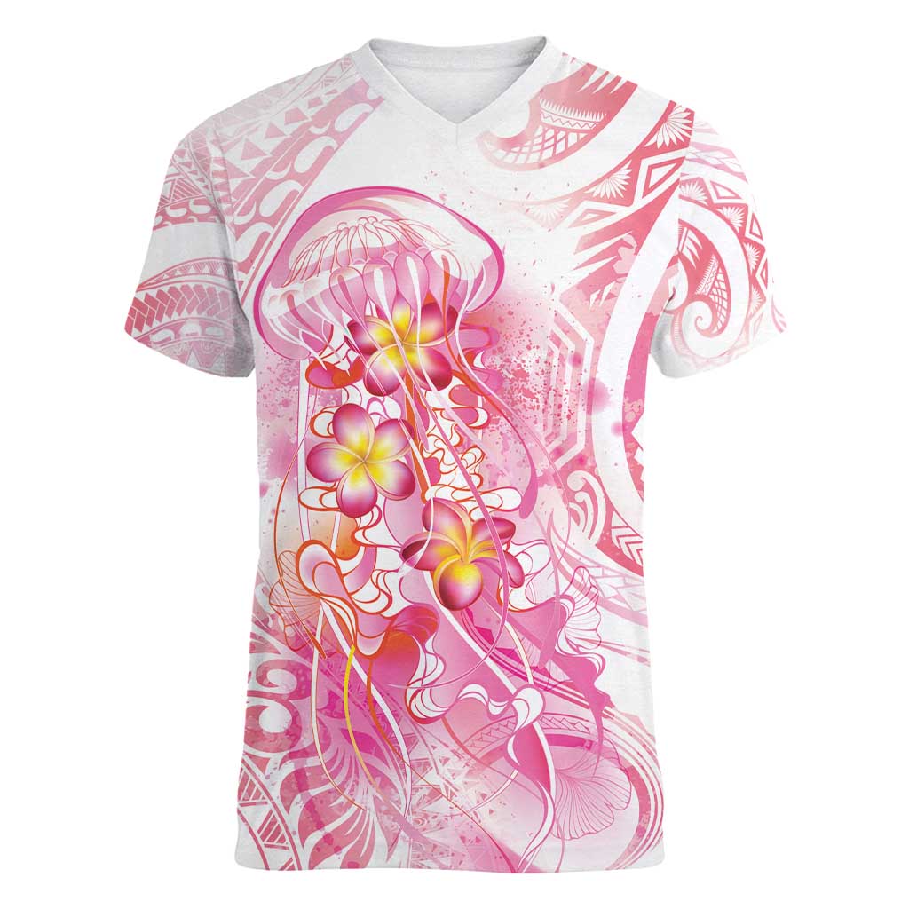 Rose Pink Polynesian Jellyfish Women V-Neck T-Shirt Watercolor Glows - Polynesian Pride