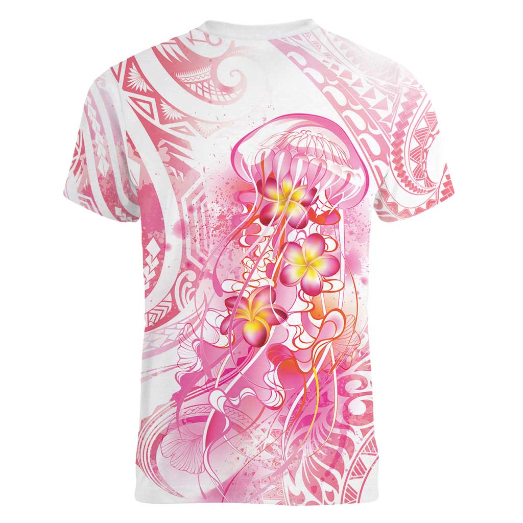 Rose Pink Polynesian Jellyfish Women V-Neck T-Shirt Watercolor Glows - Polynesian Pride