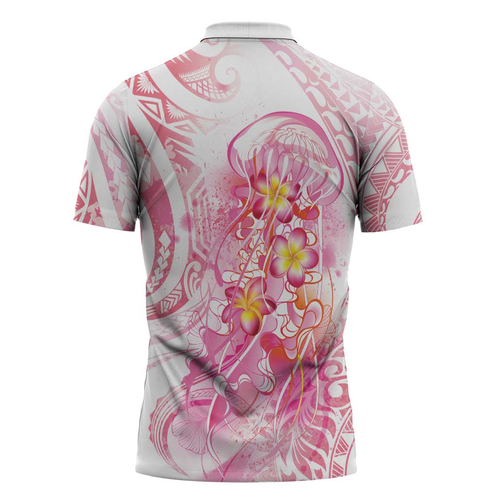 Rose Pink Polynesian Jellyfish Zipper Polo Shirt Watercolor Glows LT7 - Polynesian Pride