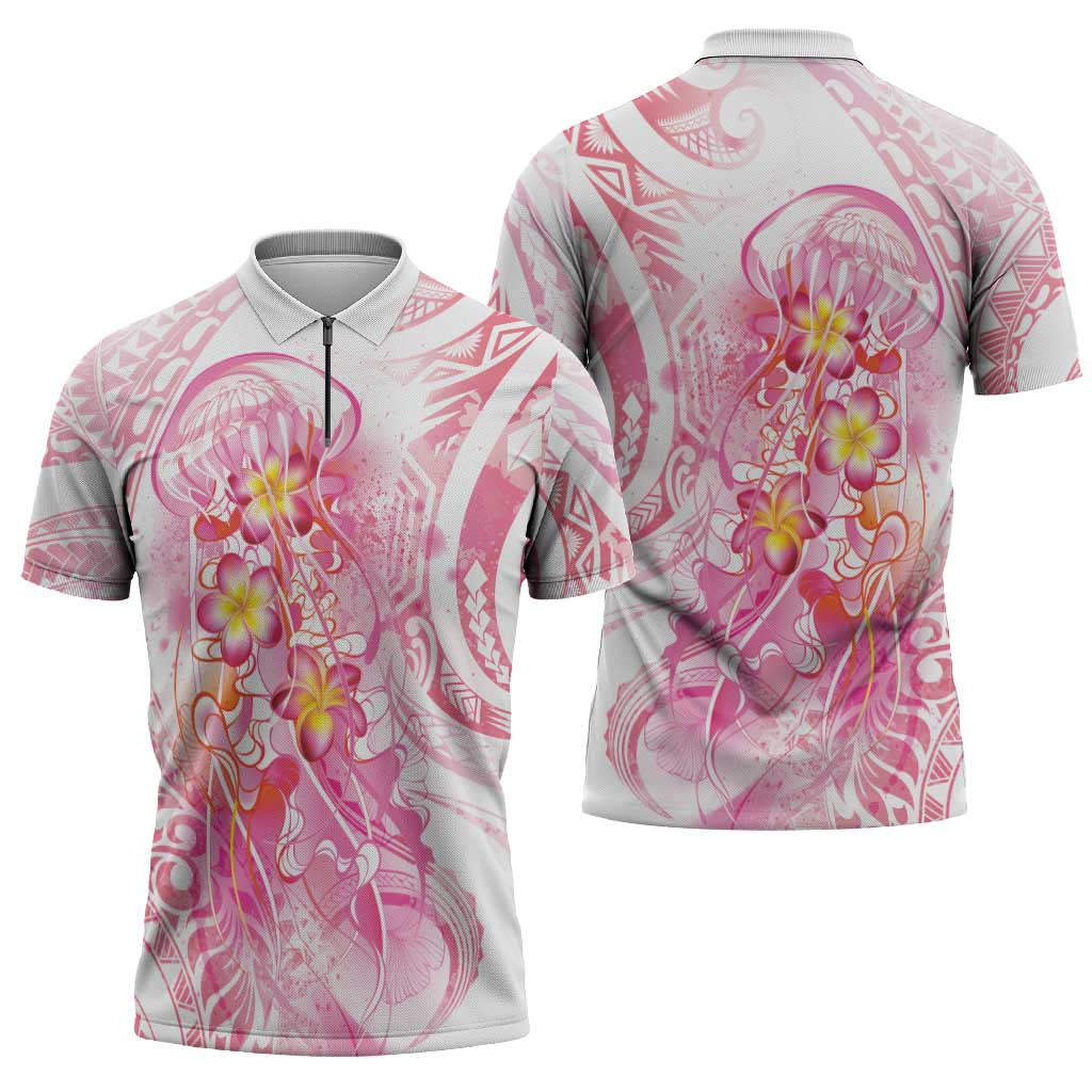 Rose Pink Polynesian Jellyfish Zipper Polo Shirt Watercolor Glows LT7 - Polynesian Pride