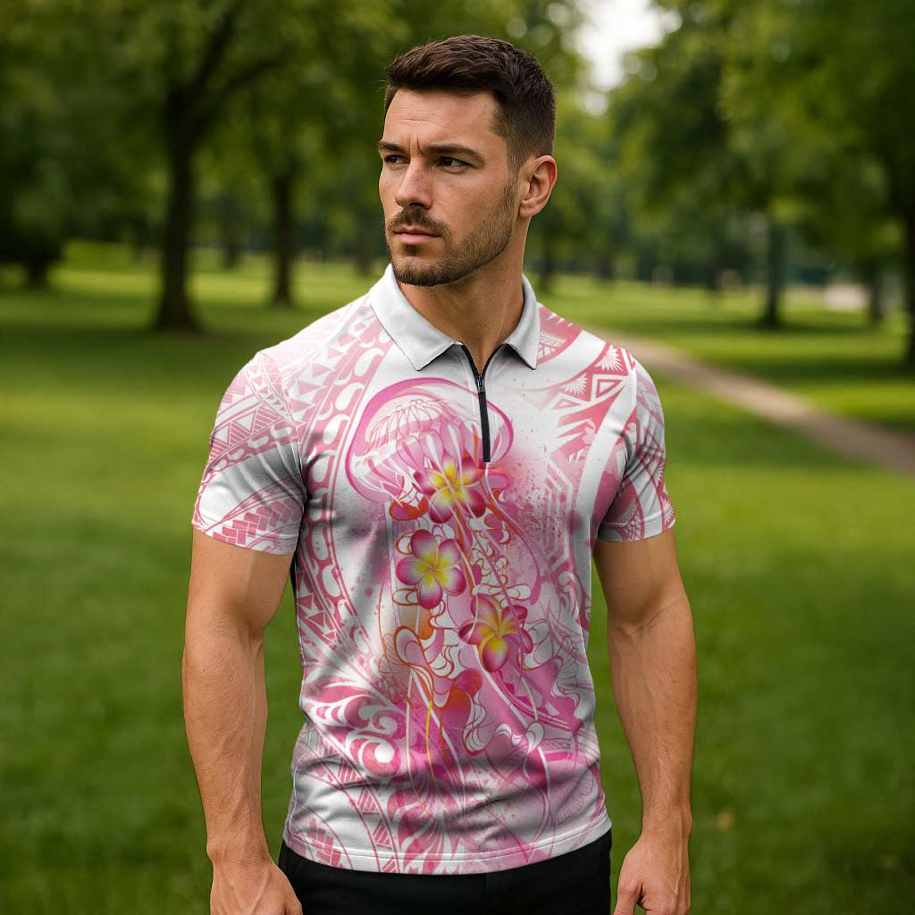 Rose Pink Polynesian Jellyfish Zipper Polo Shirt Watercolor Glows LT7 - Polynesian Pride