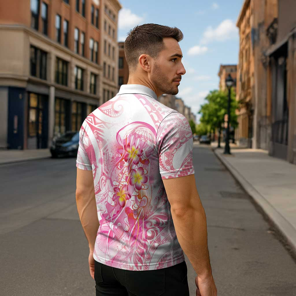Rose Pink Polynesian Jellyfish Zipper Polo Shirt Watercolor Glows LT7 - Polynesian Pride