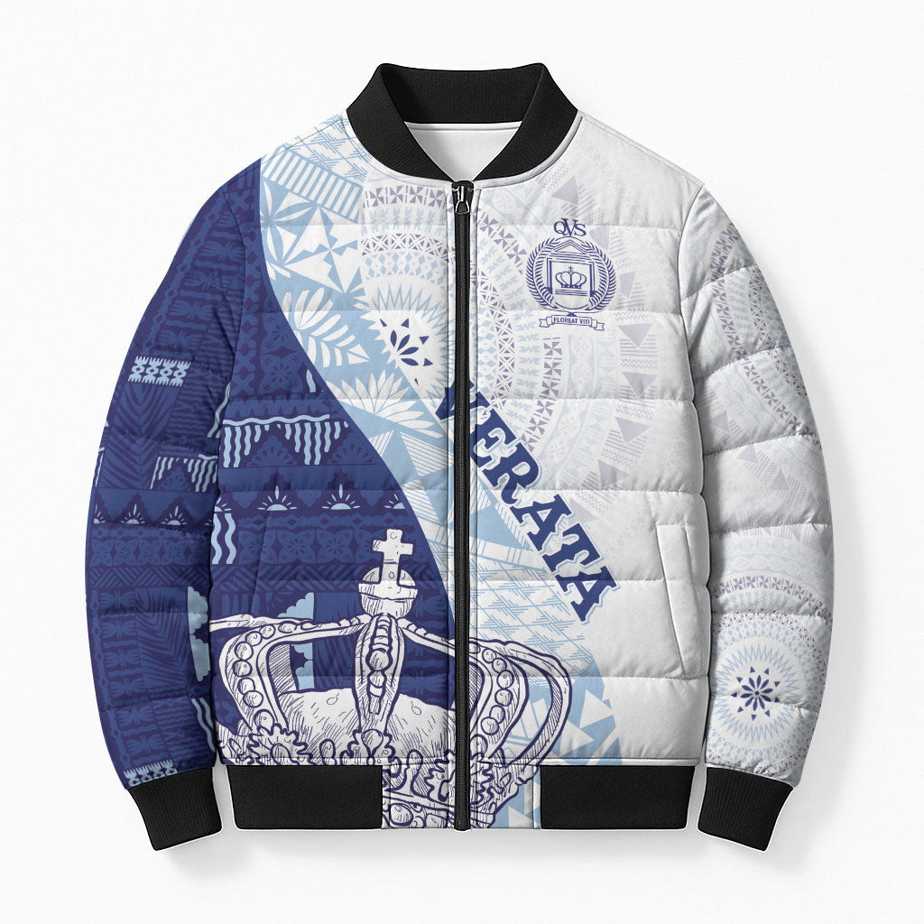 Queen Victoria School Fiji Vulinitu Verata House Bomber Puffer Jacket Masi Tapa LT7 Unisex Blue - Polynesian Pride
