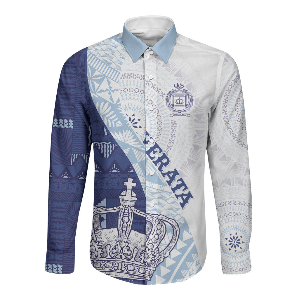 Queen Victoria School Fiji Vulinitu Verata House Long Sleeve Button Shirt Masi Tapa LT7 Unisex Blue - Polynesian Pride