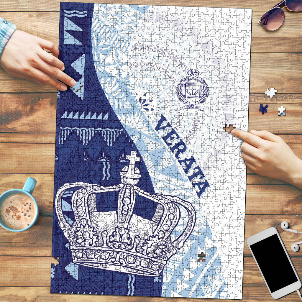 Queen Victoria School Fiji Vulinitu Verata House Puzzle Masi Tapa LT7 Blue - Polynesian Pride