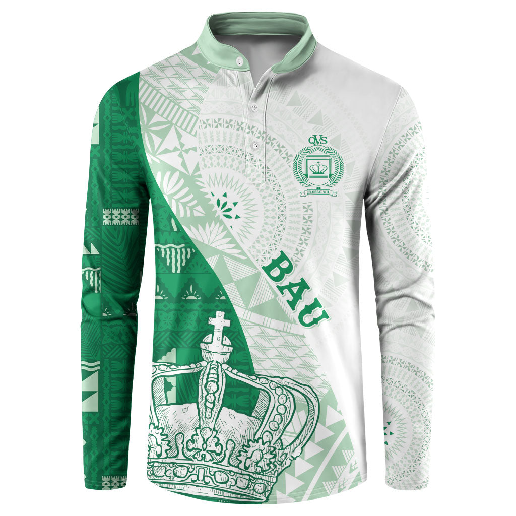 Queen Victoria School Fiji Vulinitu Bau House Button Sweatshirt Masi Tapa LT7 Green - Polynesian Pride