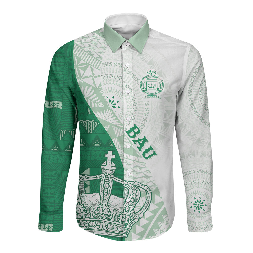 Queen Victoria School Fiji Vulinitu Bau House Long Sleeve Button Shirt Masi Tapa LT7 Unisex Green - Polynesian Pride