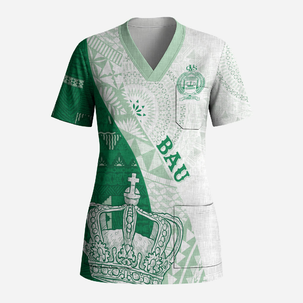 Queen Victoria School Fiji Vulinitu Bau House Scrub Top Masi Tapa LT7 Adult Green - Polynesian Pride