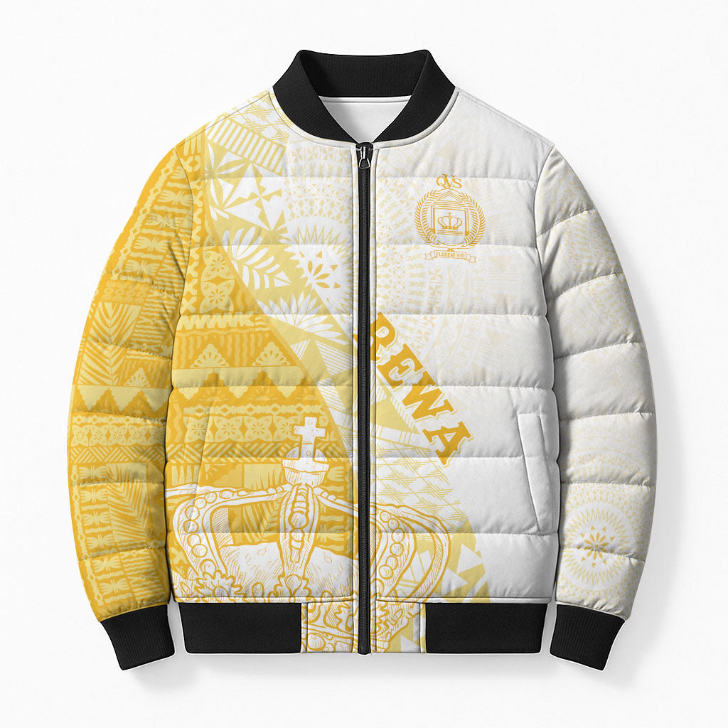 Queen Victoria School Fiji Vulinitu Rewa House Bomber Puffer Jacket Masi Tapa LT7 Unisex Yellow - Polynesian Pride