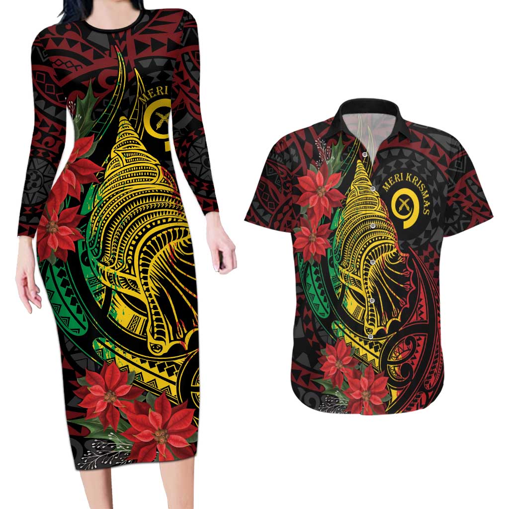 Vanuatu Meri Krismas Couples Matching Long Sleeve Bodycon Dress and Hawaiian Shirt Conch Shell Tribal Art