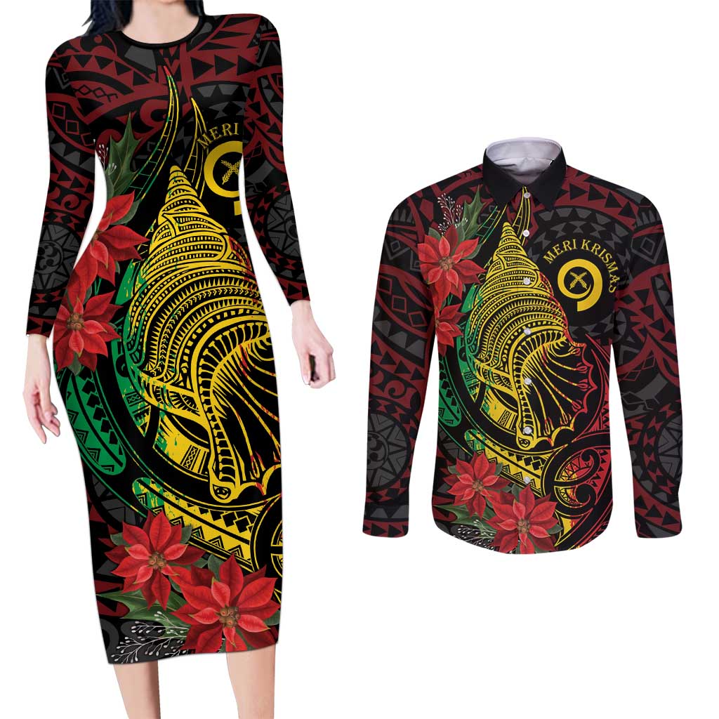 Vanuatu Meri Krismas Couples Matching Long Sleeve Bodycon Dress and Long Sleeve Button Shirt Conch Shell Tribal Art