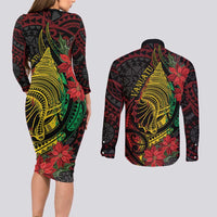 Vanuatu Meri Krismas Couples Matching Long Sleeve Bodycon Dress and Long Sleeve Button Shirt Conch Shell Tribal Art LT7 - Polynesian Pride