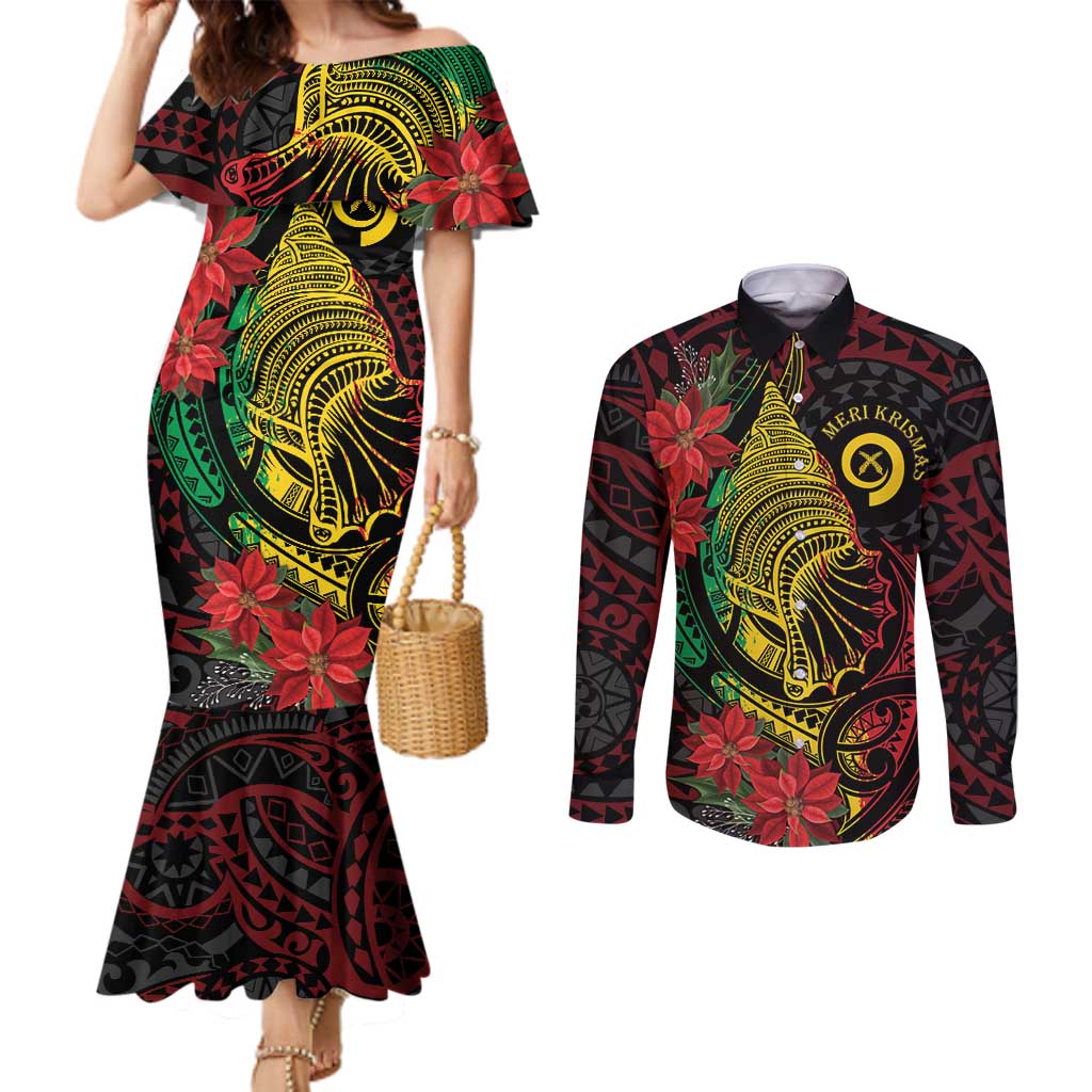 Vanuatu Meri Krismas Couples Matching Mermaid Dress and Long Sleeve Button Shirt Conch Shell Tribal Art LT7 Art - Polynesian Pride