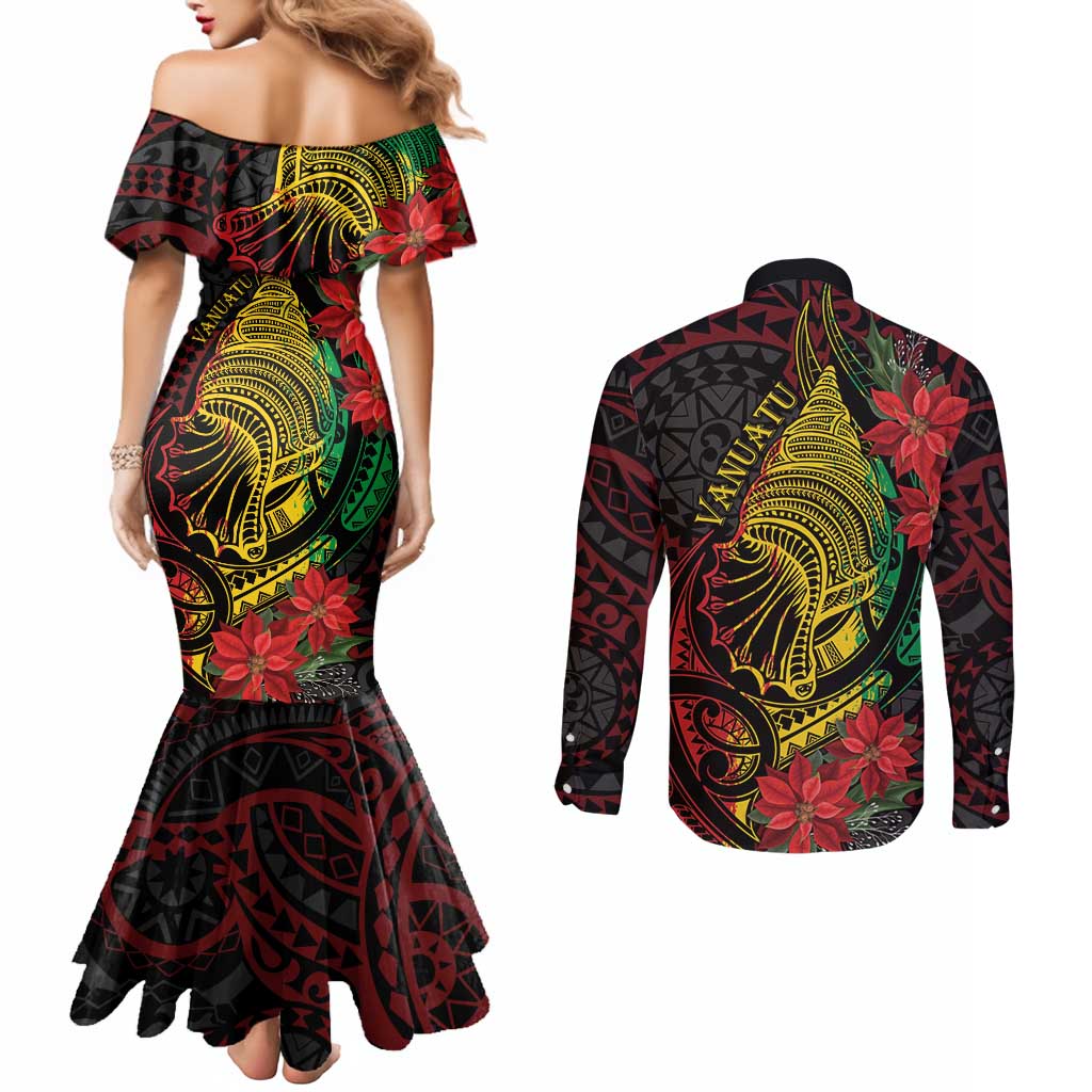 Vanuatu Meri Krismas Couples Matching Mermaid Dress and Long Sleeve Button Shirt Conch Shell Tribal Art LT7 - Polynesian Pride