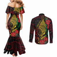 Vanuatu Meri Krismas Couples Matching Mermaid Dress and Long Sleeve Button Shirt Conch Shell Tribal Art LT7 - Polynesian Pride