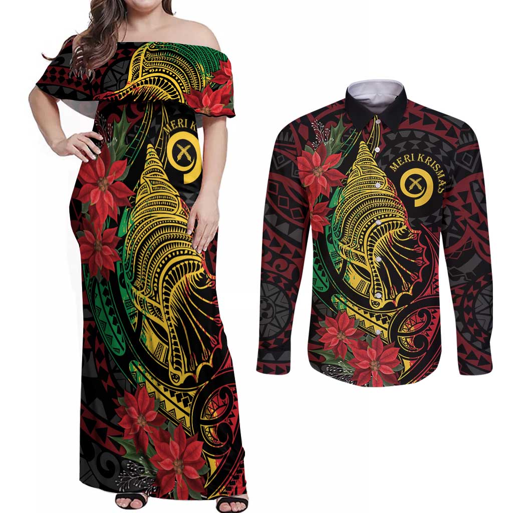 Vanuatu Meri Krismas Couples Matching Off Shoulder Maxi Dress and Long Sleeve Button Shirt Conch Shell Tribal Art LT7 Art - Polynesian Pride
