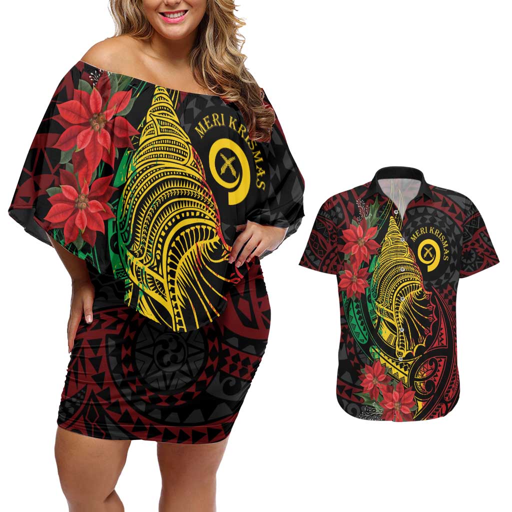 Vanuatu Meri Krismas Couples Matching Off Shoulder Short Dress and Hawaiian Shirt Conch Shell Tribal Art