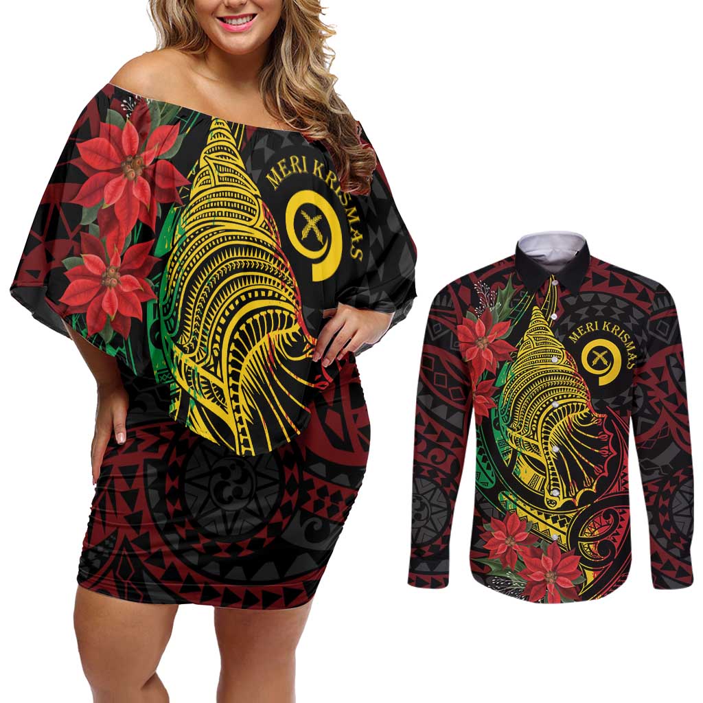 Vanuatu Meri Krismas Couples Matching Off Shoulder Short Dress and Long Sleeve Button Shirt Conch Shell Tribal Art LT7 Art - Polynesian Pride