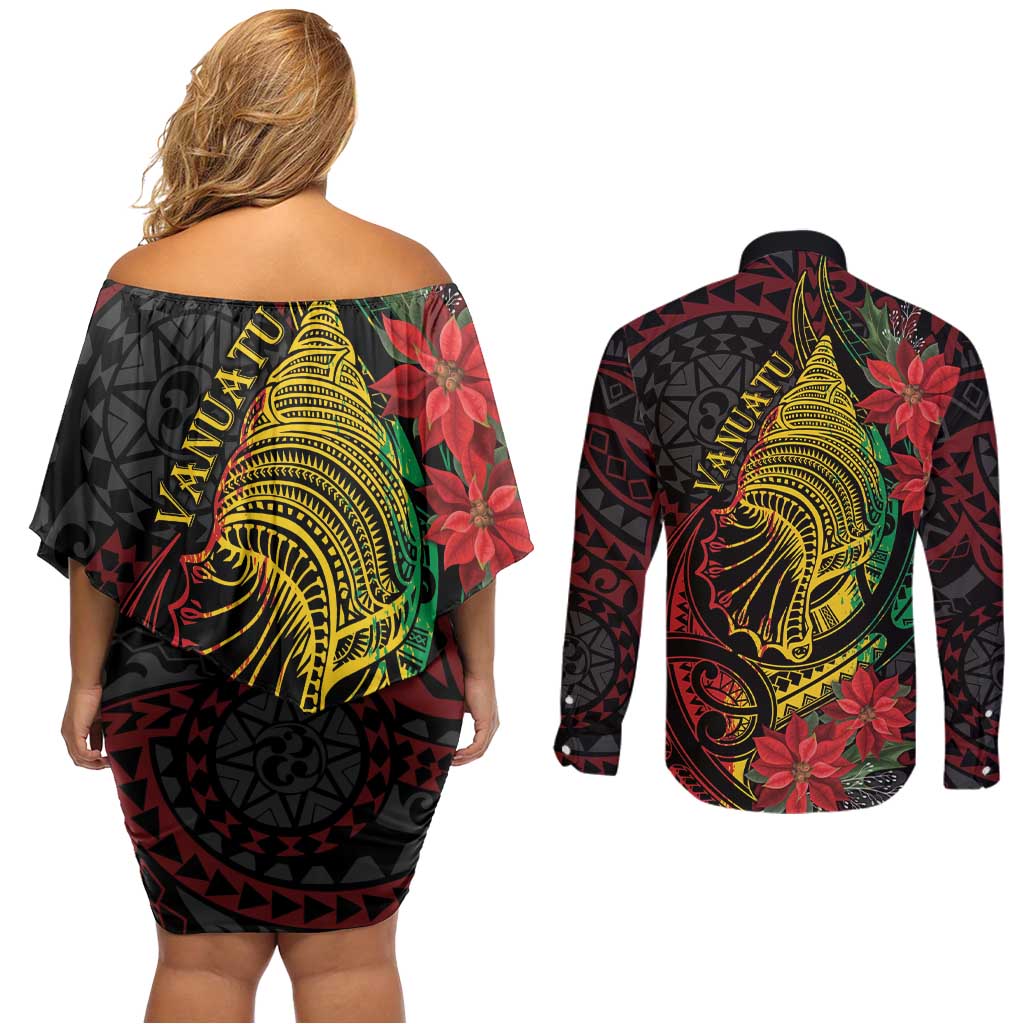 Vanuatu Meri Krismas Couples Matching Off Shoulder Short Dress and Long Sleeve Button Shirt Conch Shell Tribal Art LT7 - Polynesian Pride