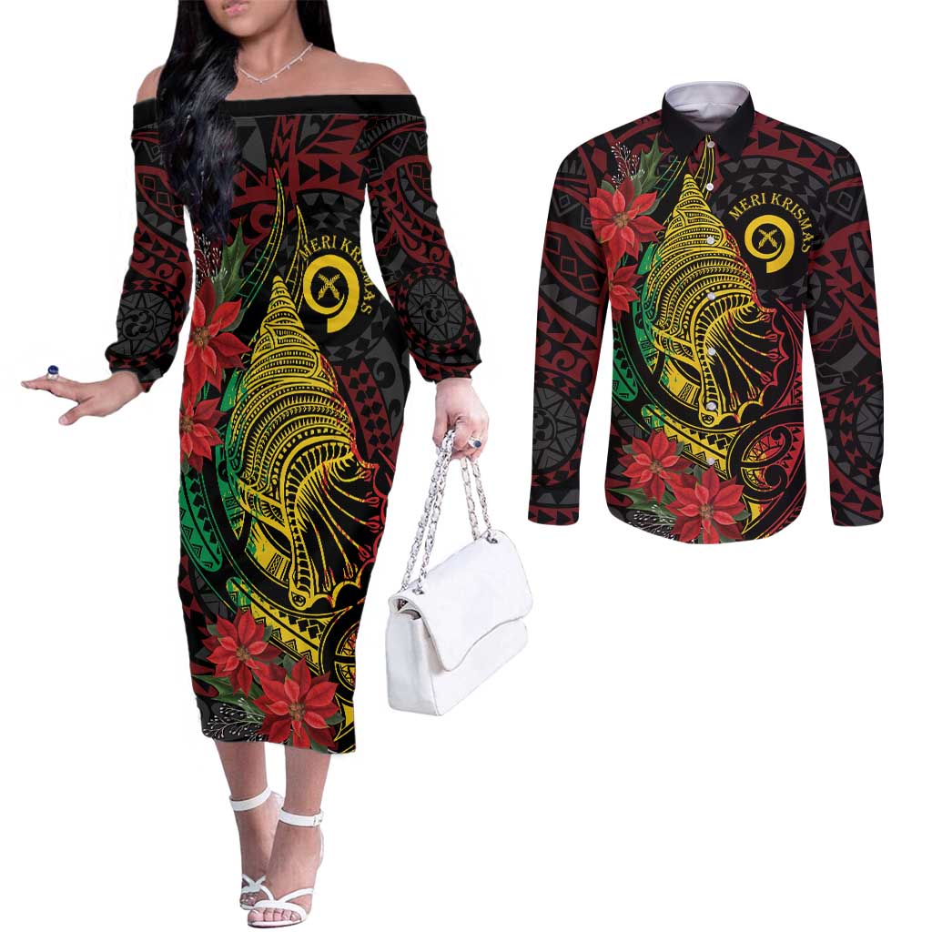 Vanuatu Meri Krismas Couples Matching Off The Shoulder Long Sleeve Dress and Long Sleeve Button Shirt Conch Shell Tribal Art LT7 Art - Polynesian Pride