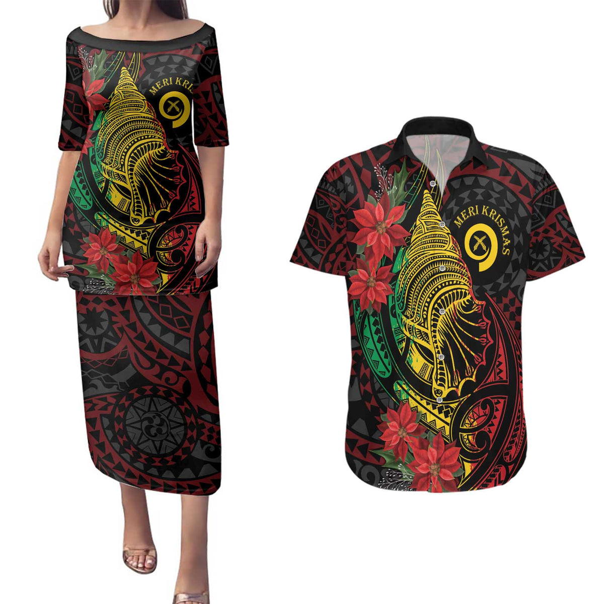 Vanuatu Meri Krismas Couples Matching Puletasi and Hawaiian Shirt Conch Shell Tribal Art LT7 Art - Polynesian Pride