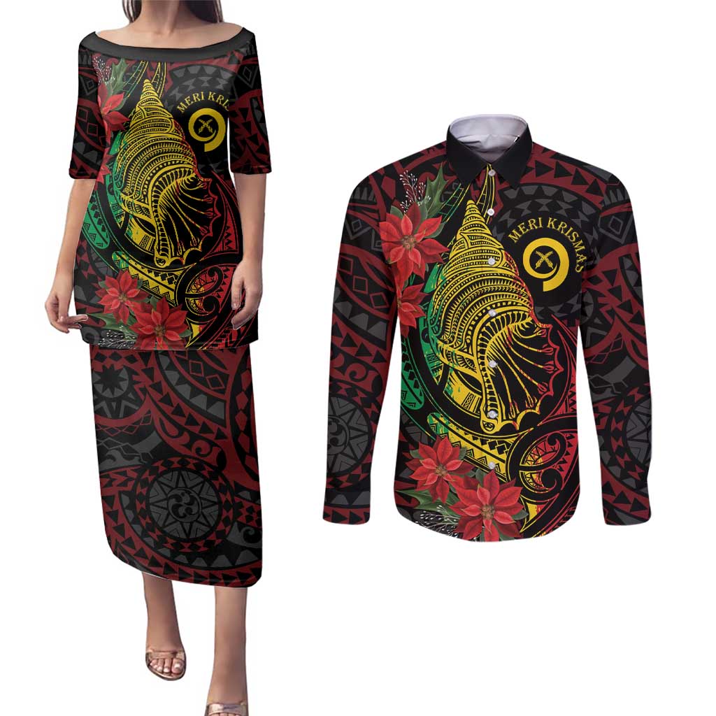 Vanuatu Meri Krismas Couples Matching Puletasi and Long Sleeve Button Shirt Conch Shell Tribal Art